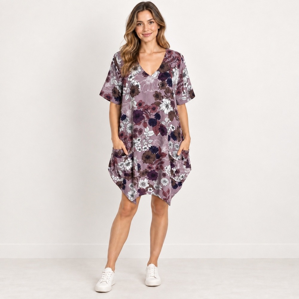 Coldwater Creek Floral Linen Tunic Women S Purple Boho Lagenlook Pocket V-Neck